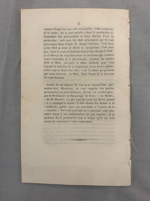 A. Bourdel : De la Manière d'envisager la Physiologie. Discours prononcé le 22 Novembre 1954 au commencement du Cours de Physiologie fait à la Faculté de Médecine comme Suppléant du Professeur Lordat