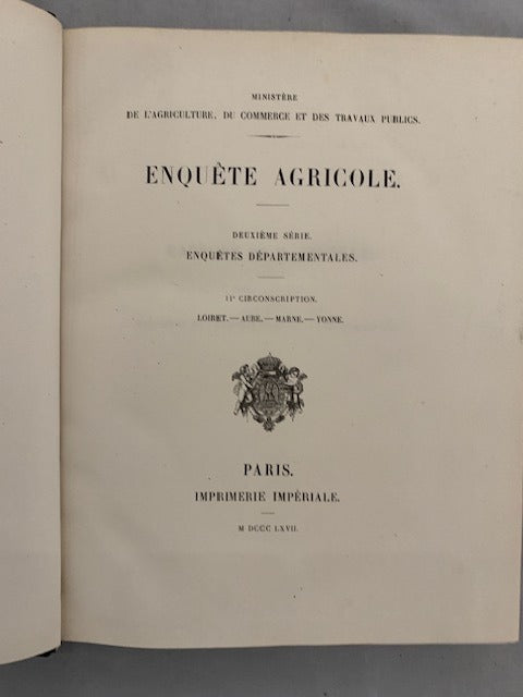 Enquête Agricole. Deuxième Série. Enquêtes Départementales. IIe Circonscription. Loiret - Aube - Marne - Yonne. Ministère de l'Agriculture  du Commerce et des Travaux Publics