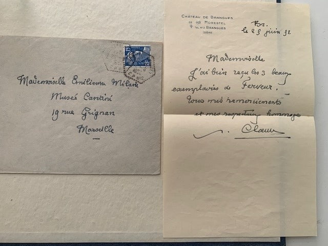 Paul Claudel : Ferveur. Avec 8 dessins originaux d'Emilienne Milani [signé par Paul Claudel  on joint une lettre signé de Claudel et plusieurs dessins originaux et documents d'Emilienne Milani)