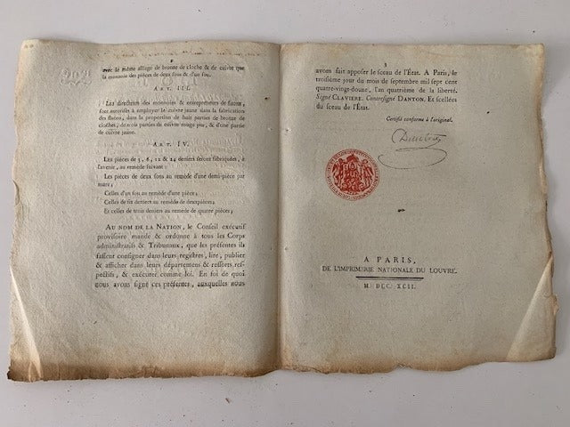 Loi Relative à la fabrication des Pièces de 3, 6, 12 & 24 deniers. Du 2 Septembre 1792  l'an quatrième de la Liberté