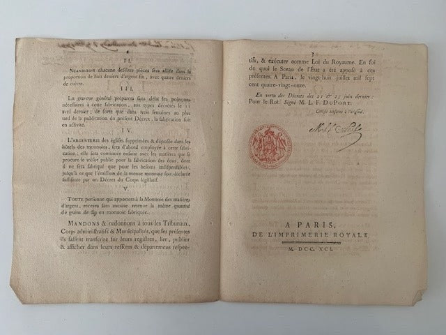 Loi Relative à la menue monnoie d'argent  décrétée le 11 Janvier dernier. Donnée à Paris  le 28 Juillet 1791