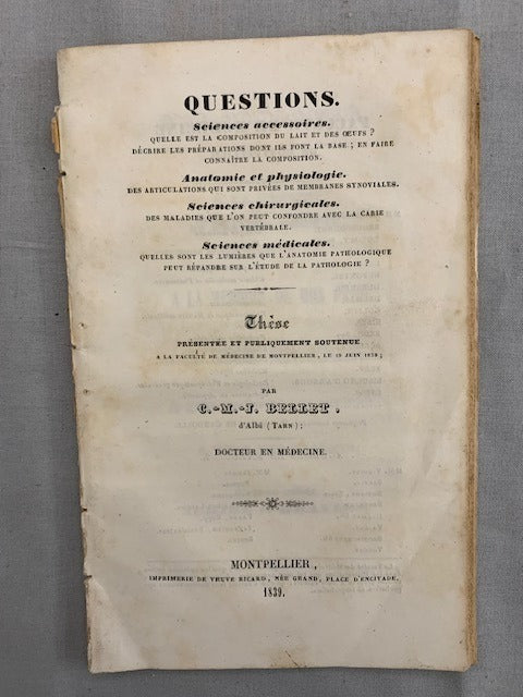 C.-M.-J. Bellet : Questions. Thèse présentée et publiquement soutenue à la Faculté de Médecine de Montpellier  le 19 juin 1859