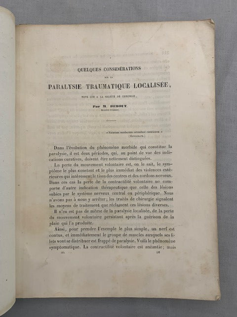 M. Debout : Quelques considérations sur la Paralysie Traumatique localisée  note lue à la Société de Chirurgie