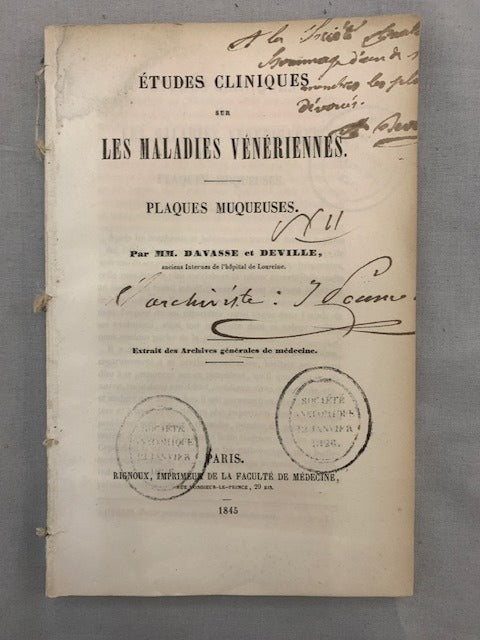 Davasse et Deville : Études Cliniques sur les Maladies Vénériennes. Plaques Muqueuses [avec dédicace d'Amédée Deville]