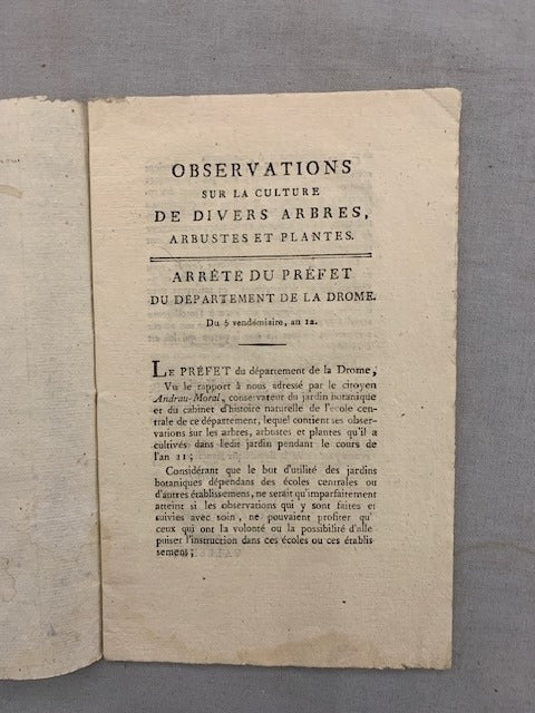 Observations sur la Culture de divers Arbres  Arbustes et Plantes. Arrête du Préfet du Département de la Drome. Du 5 vendémiaire  an 12