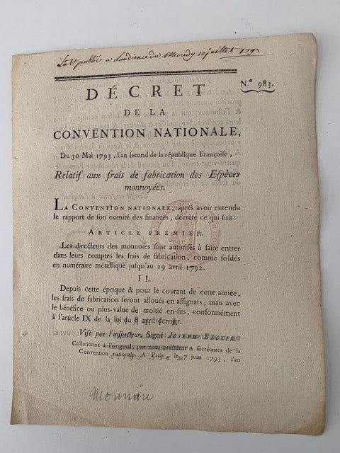 Décret de la Convention Nationale  Du 30 Mai 1793  l'an second de la république Françoise  Relatif aux frais de fabrication des Espèces monnoyées