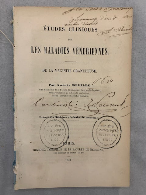 Amédée‎ Deville : Études Cliniques sur les Maladie Vénériennes. Da la Vaginite Granuleuse [avec dédicace de l'auteur]