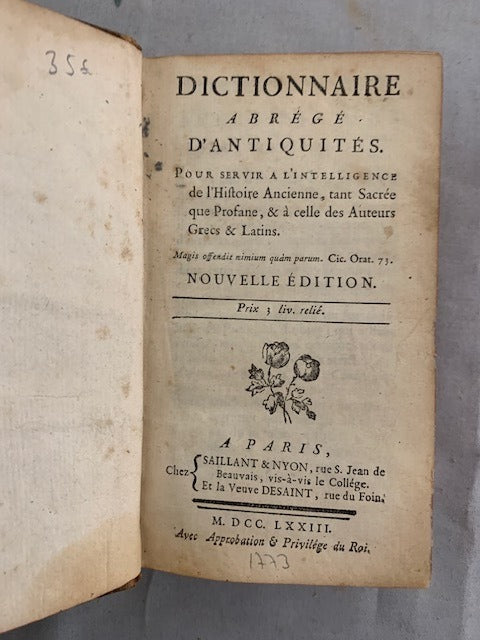 [Monchablon, E.J.]‎ : Dictionnaire abrégé d'Antiquités. Pour servir à l'Intelligence de l'Histoire Ancienne  tant Sacrée que Profane  & à celle des Auteurs Grecs & Latins