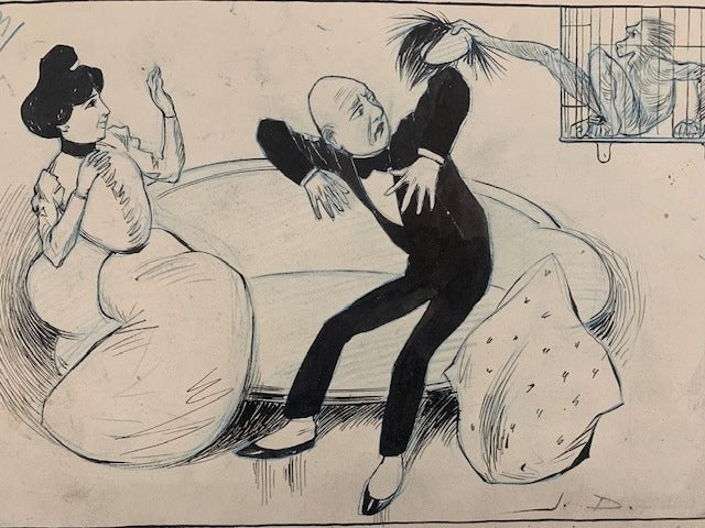 Jean Duch : Dessin original monogrammé 'J'ai eu tort de laisser la conversation aborder ce sujet epineux!'