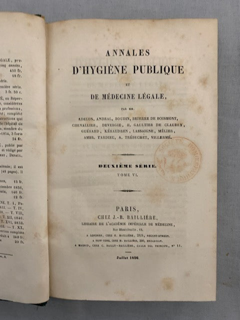 Adelon, Andral, Boudin e.a. : Annales d'Hygiène Publique et de Médecin légale. Deuxième série, Tome VI