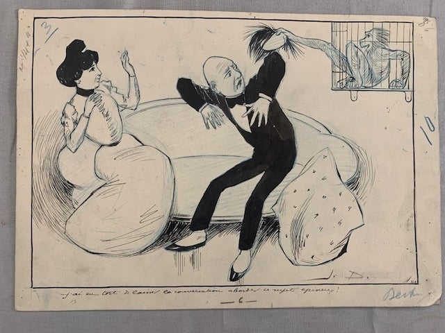 Jean Duch : Dessin original monogrammé 'J'ai eu tort de laisser la conversation aborder ce sujet epineux!'