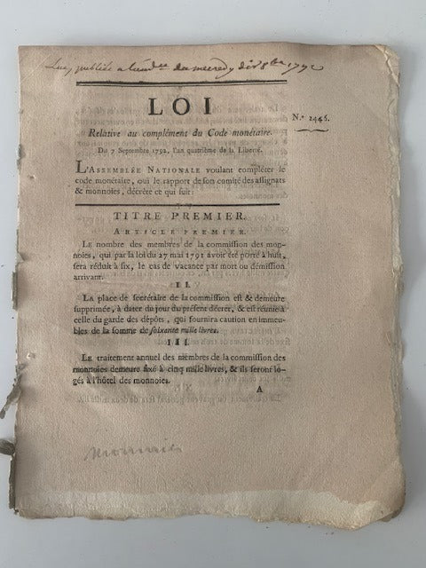 Loi relative au complément du Code monétaire. Du 7 Septembre 1792  l'an quatrième de la Liberté