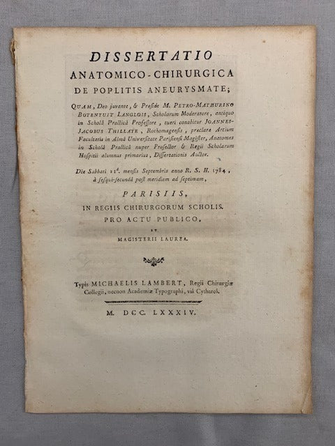 Joannes-Jacobus Thillaye : Dissertatio Anatomico-Chirurgica de Poplitis Aneurysmate