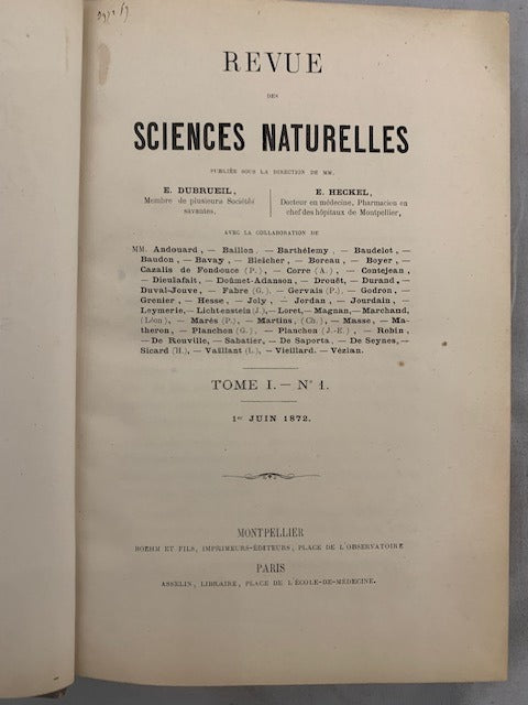 E. Dubreuil et E. Heckel : Revue des Sciences Naturelles. Tome I. No. 1. 1er Juin 1872