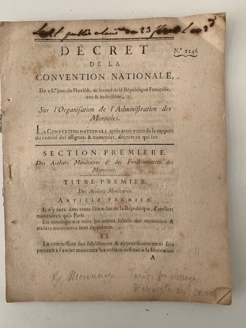 Décret de la Convention Nationale ... Sur l'Organisation de l'Administration des Monnoies