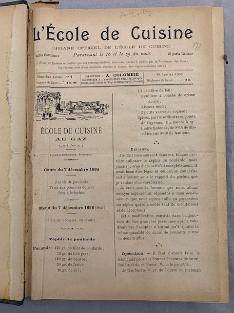 A. Colombié (directeur)‎ : L'École de Cuisine. Organe Officiel de l'École de cuisine. Année 1899 complète
