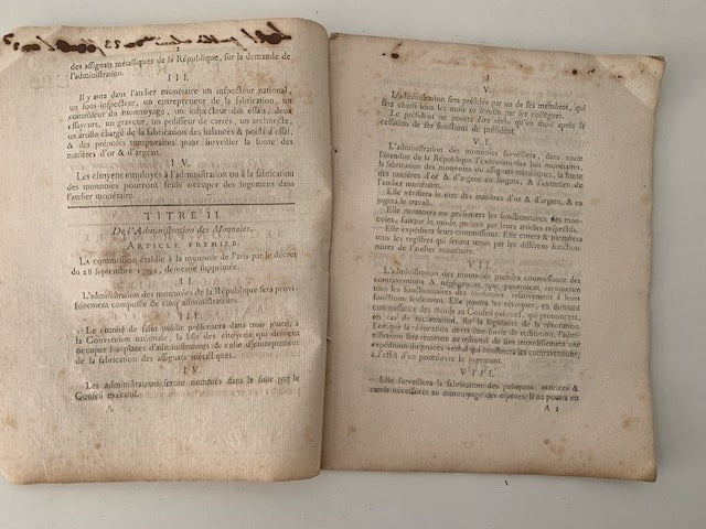 Décret de la Convention Nationale ... Sur l'Organisation de l'Administration des Monnoies