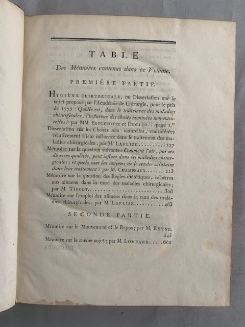 Mémoires sur les Sujets proposés pour les Prix de l'Académie de Chirurgie. Tome V  Premiére Partie. Depuis l'année 1775