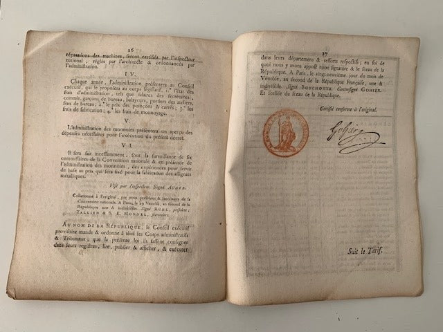 Décret de la Convention Nationale ... Sur l'Organisation de l'Administration des Monnoies