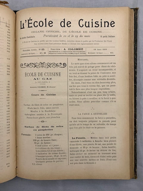 A. Colombié (directeur)‎ : L'École de Cuisine. Organe Officiel de l'École de cuisine. Année 1899 complète