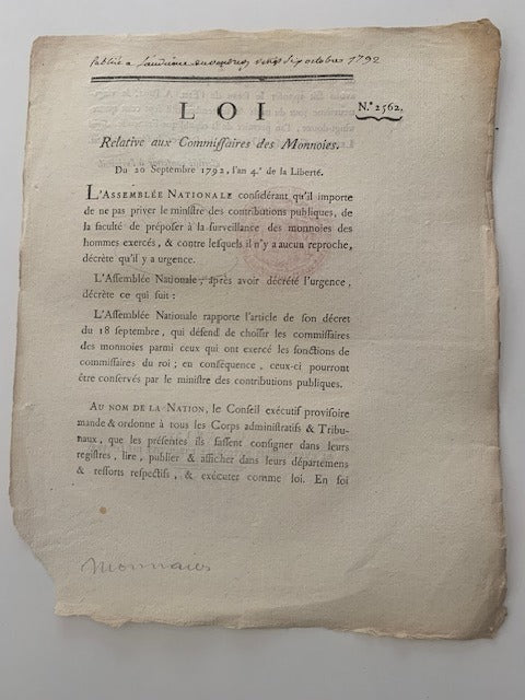 Loi Relative aux Commissaires des Monnoies. Du 20 Septembre 1792  L'an 4 de la Liberté