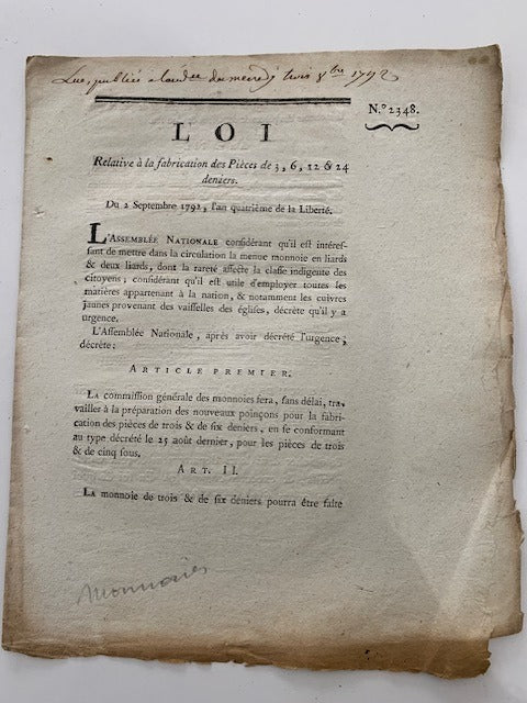 Loi Relative à la fabrication des Pièces de 3, 6, 12 & 24 deniers. Du 2 Septembre 1792  l'an quatrième de la Liberté