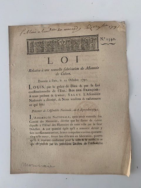 Loi Relative à une nouvelle fabrication de Monnoie de Cuivre. Donnée à Paris  le 12 Octobre 1791