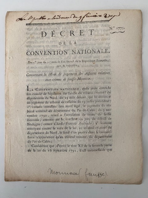 Décret de la Convention Nationale ... Concernant le Mode de jugement des Affaires relatives aux crimes de fausse Monnoie
