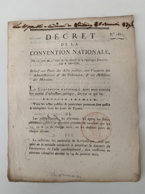 Décret de la Convention Nationale  ... Relatif aux Dates des Actes publics & des Tribunaux  & au Millésime des Monnoies