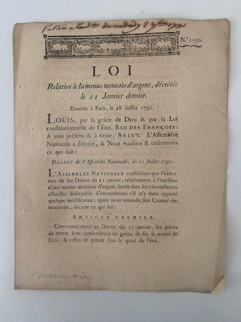 Loi Relative à la menue monnoie d'argent  décrétée le 11 Janvier dernier. Donnée à Paris  le 28 Juillet 1791