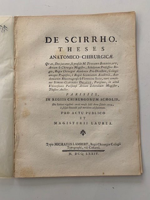 Simon-Claudis ‎Delaizé : De Scirrho. Theses Anatomico-Chirurgicae