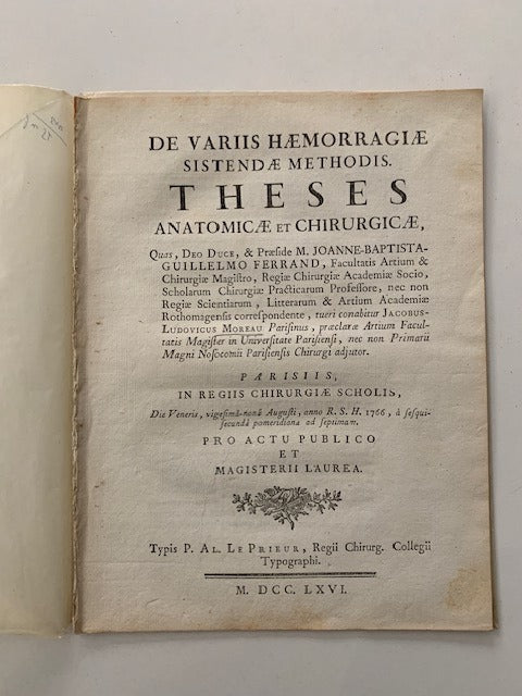 Jacobus-Ludovicus Moreau : De Variis Haemorragiae sistend ae methodis. Theses Anatomicae et Chirurgicae